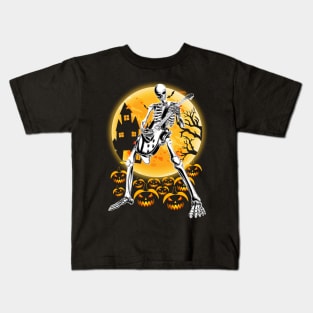 Happy Halloween Funny Skeleton Playing Guitar Pumpkin Kids T-Shirt